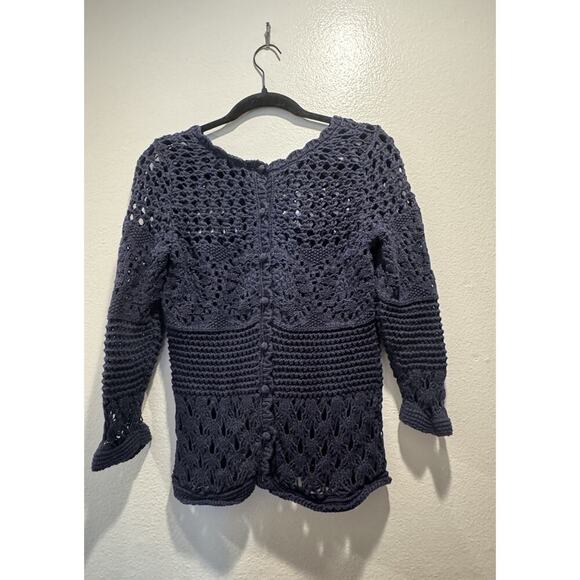 Lucky Brand Navy Blue Crochet Sweater Women’s Size Small Button Back Knit Boho - Picture 2 of 8